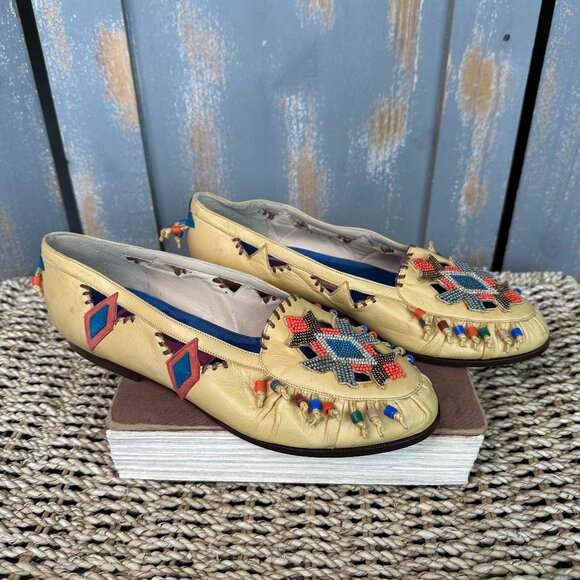 Susan Bennis Warren Edwards Vintage Handmade Leather Beaded Loafers Sz 8 NWOB - Picture 1 of 16